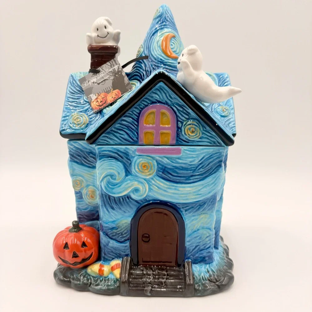 Corner Ruby Starry Night Haunted House Halloween Ceramic Cookie Jar Van Gogh